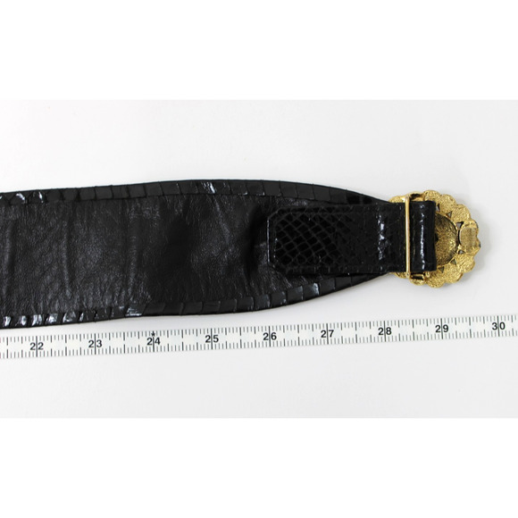 Vintage 80s Morris Moskowitz Black Snake Skin Wide Leather Belt & Buckle M main image 9